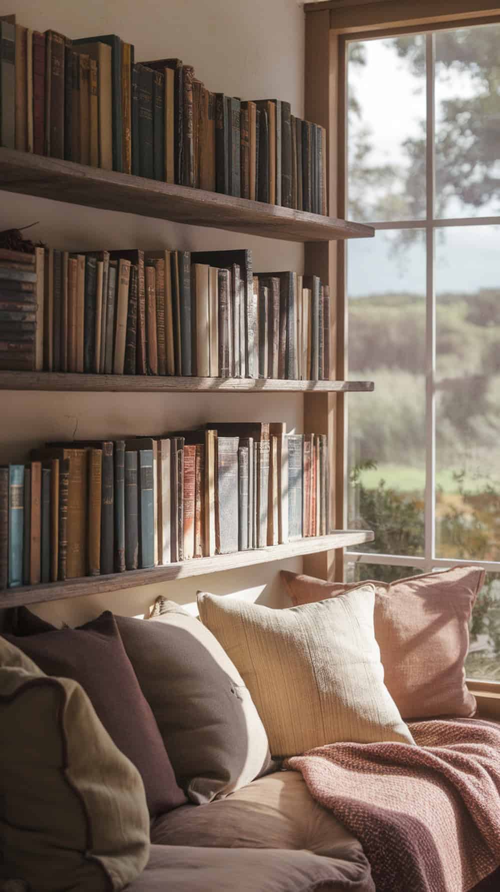 A cozy reading nook with old books on shelves and soft cushions on a couch.