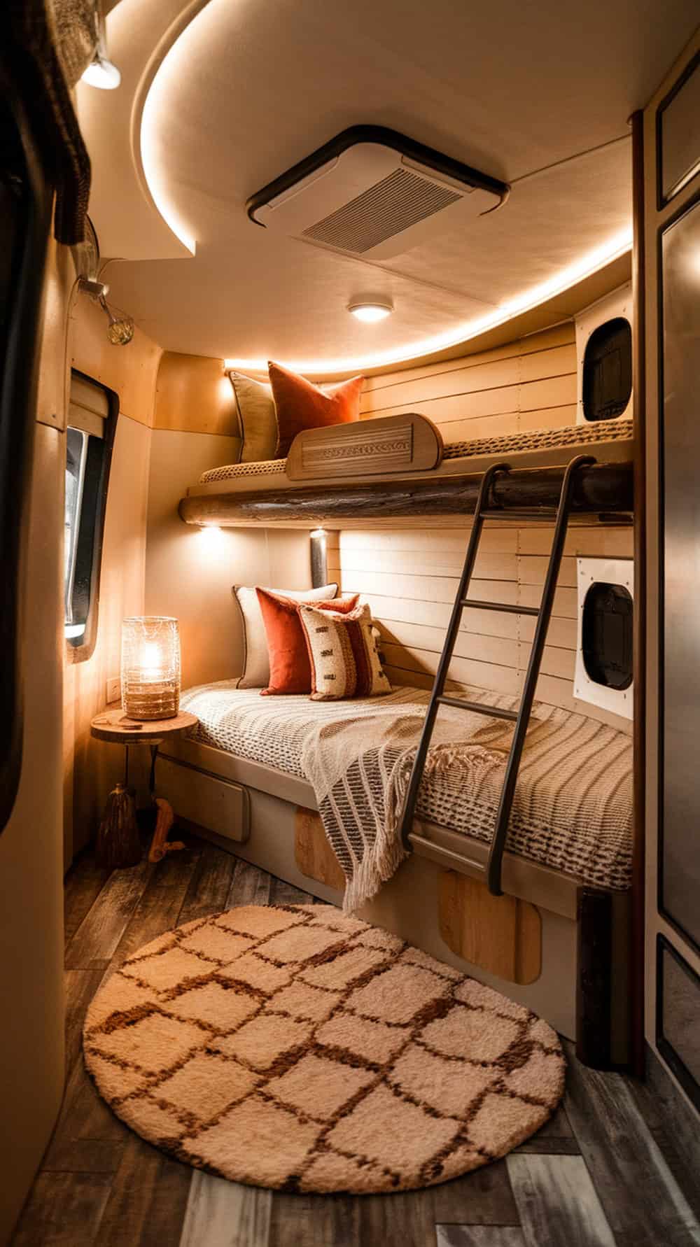 A cozy rug at the foot of a bunk bed ladder in a camper.