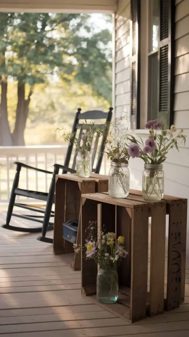Porch with wooden crates as side tables and mason jars filled with flowers