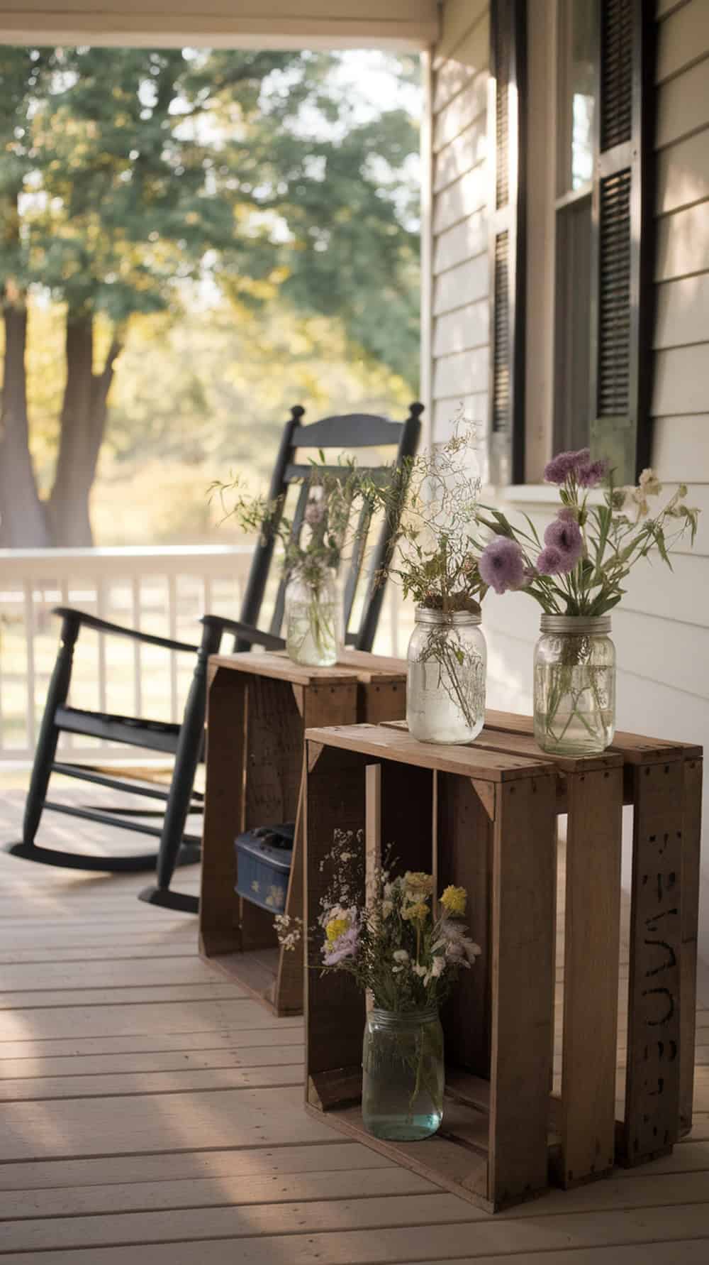 Porch with wooden crates as side tables and mason jars filled with flowers