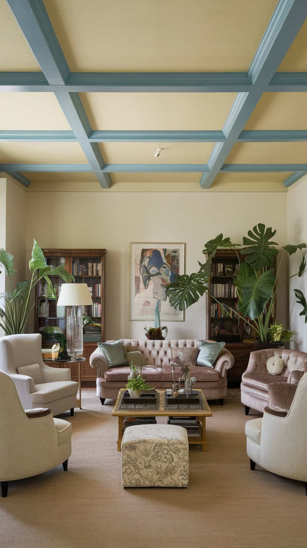 Living room with cream ceiling and blue accent beams, featuring pink sofas and plants.