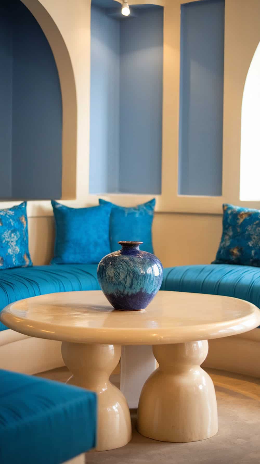 A cream coffee table with a blue vase on top, surrounded by blue cushions in a stylish living room.