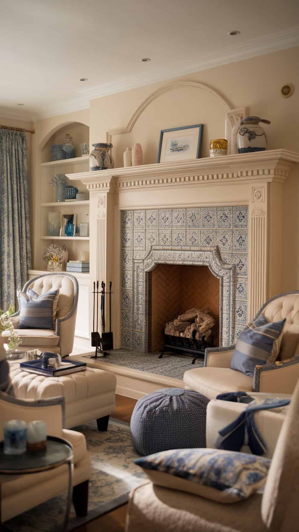 A cozy living room with a cream fireplace and blue tile surround, featuring comfortable seating and decorative items.