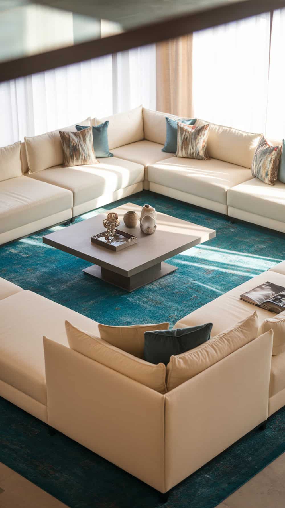 A cozy living room with a cream sectional sofa and a blue rug.