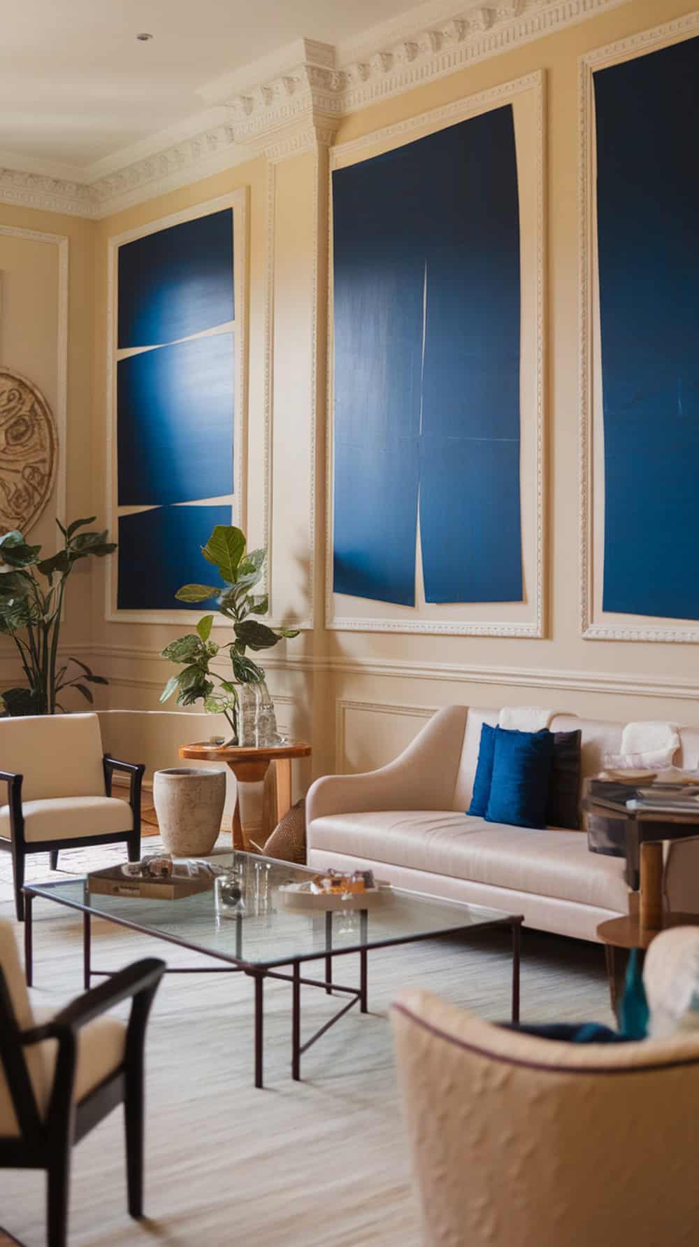A living room with cream walls and blue abstract art, featuring a cozy sofa and plants.
