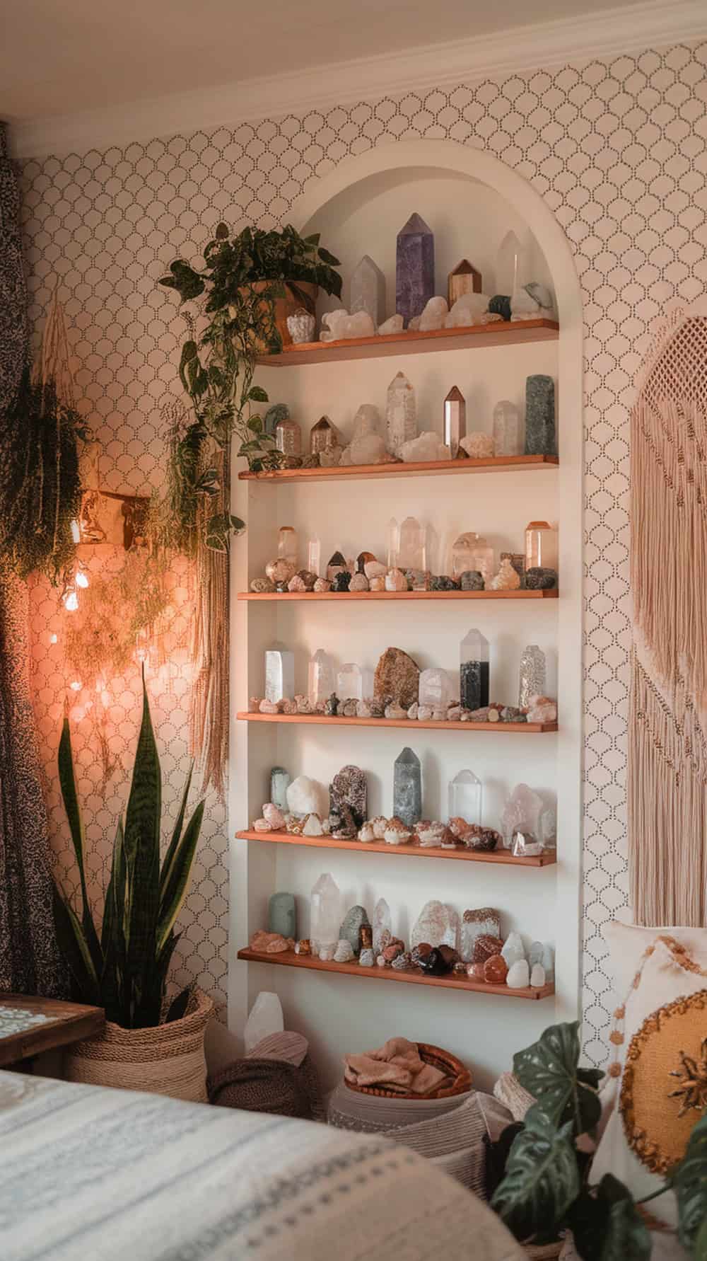 A cozy shelf displaying various crystals with soft lighting and plants.