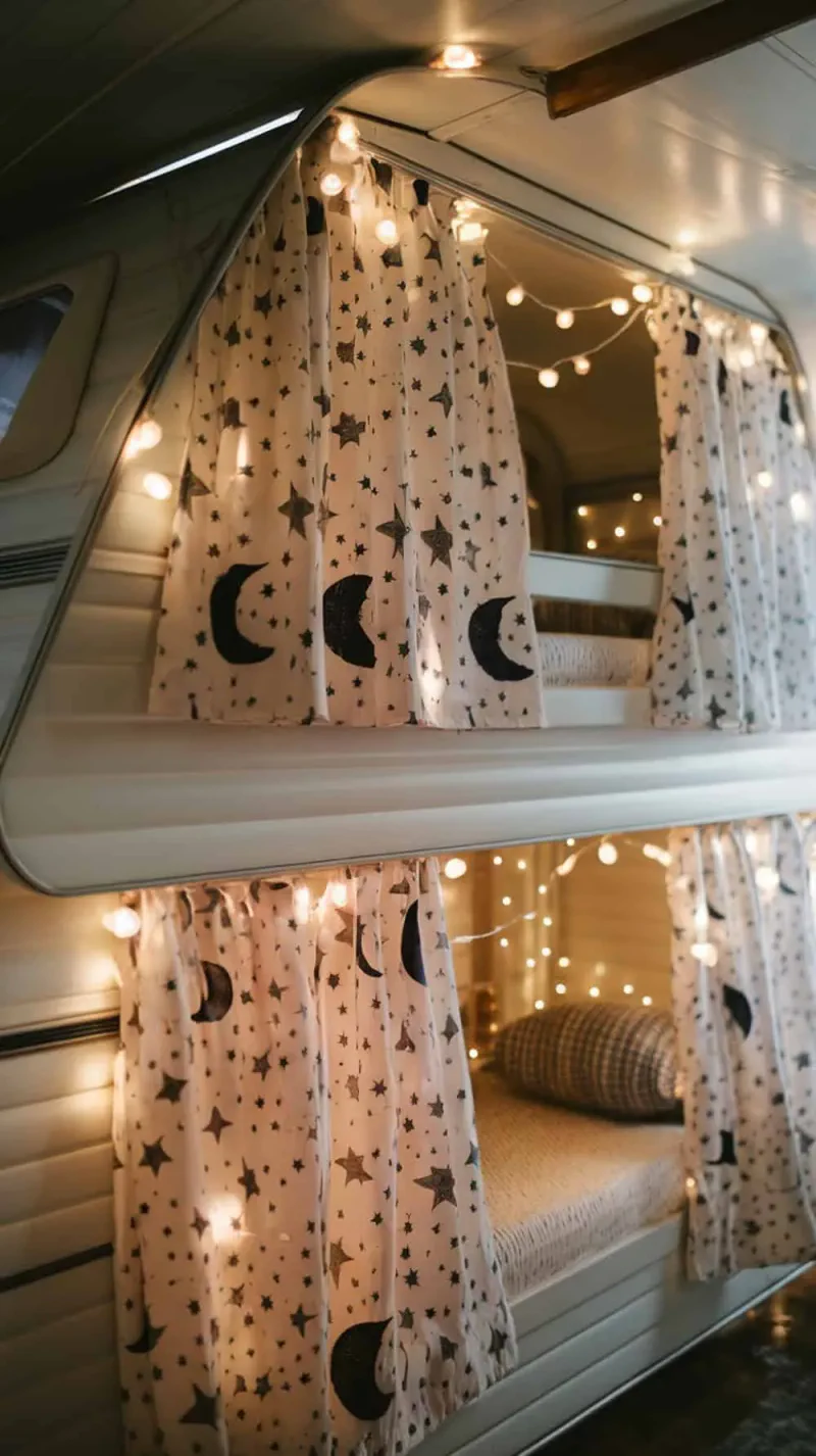 Cozy camper bunk bed with star and moon patterned curtains and twinkling lights.