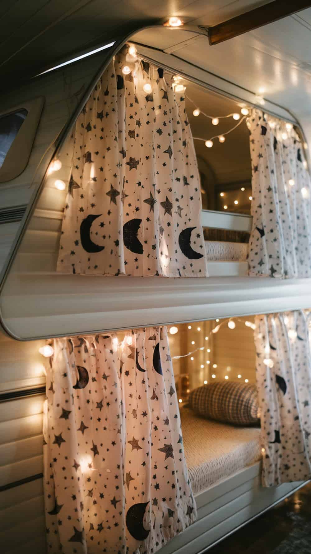Cozy camper bunk bed with star and moon patterned curtains and twinkling lights.