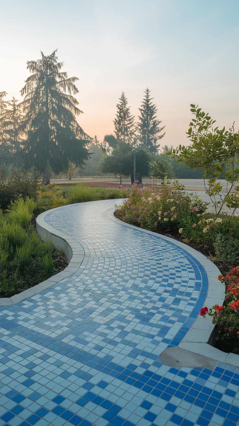 Curved pathway with blue and white tiles surrounded by flowers and greenery