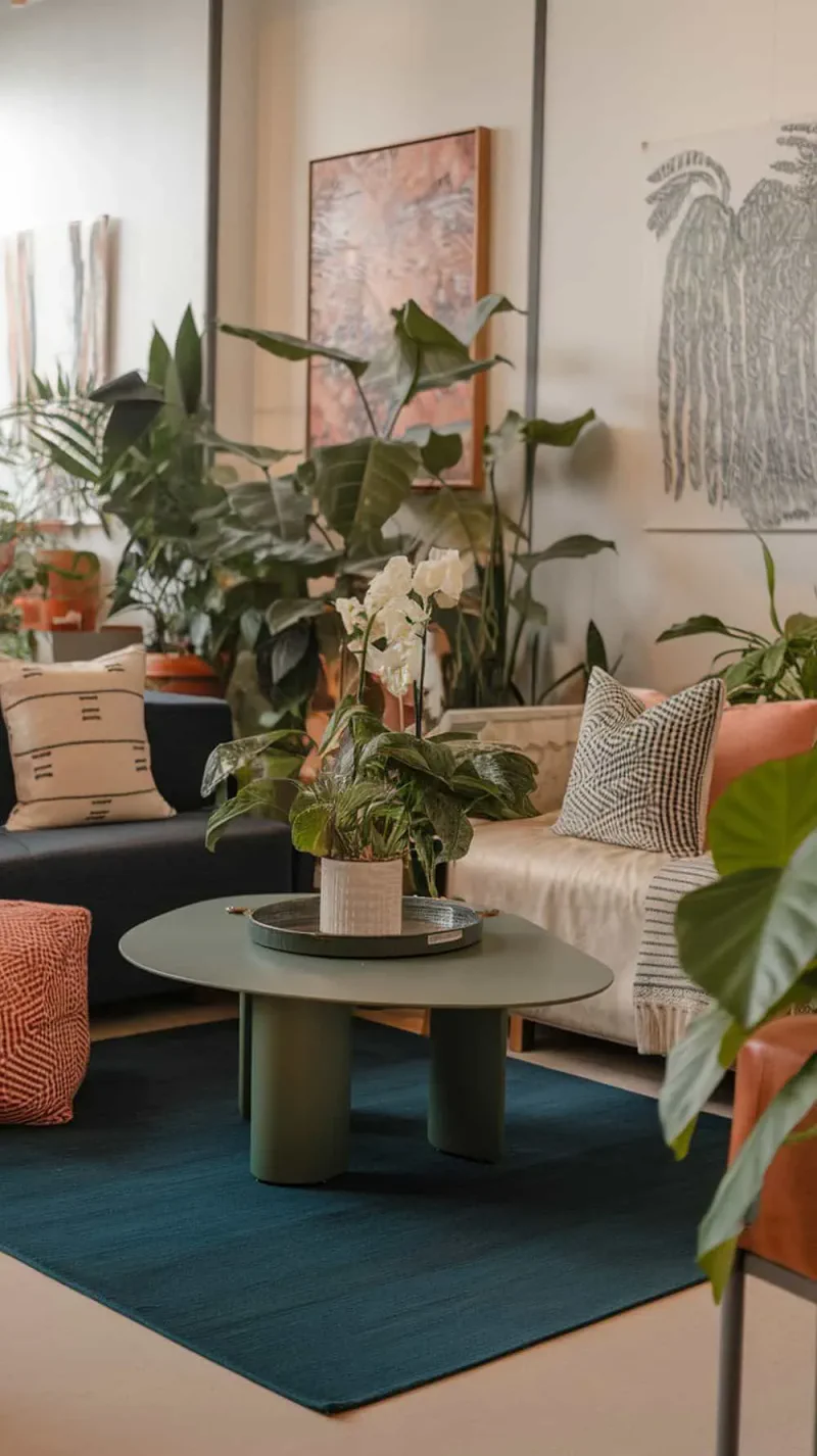 A cozy living room featuring a dark blue rug and a green coffee table surrounded by plants and pillows.