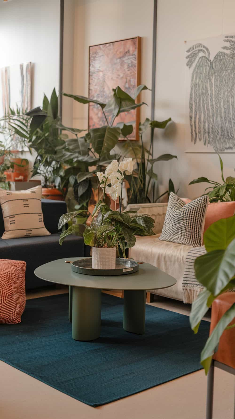A cozy living room featuring a dark blue rug and a green coffee table surrounded by plants and pillows.