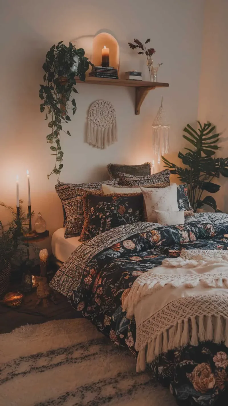 A cozy boho witchy bedroom featuring dark floral bedding and a tassel throw blanket.