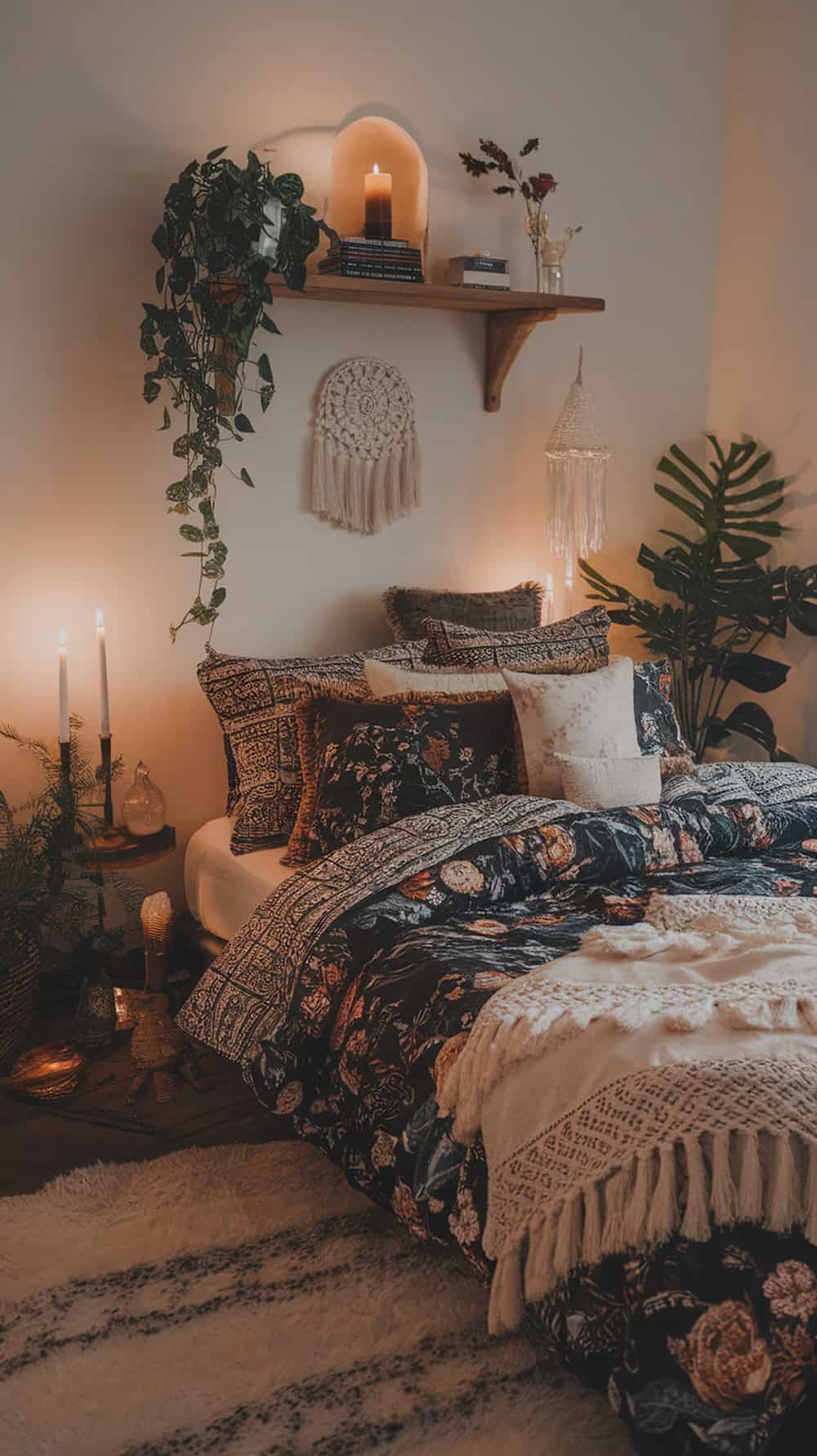 A cozy boho witchy bedroom featuring dark floral bedding and a tassel throw blanket.