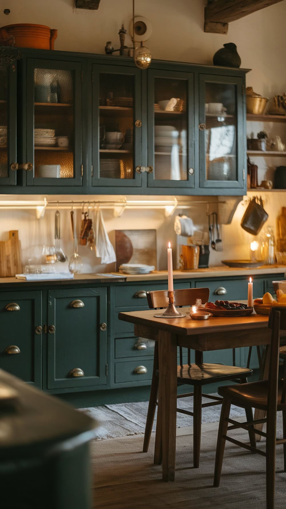 A rustic kitchen featuring dark green cabinets with brass fixtures, a wooden table, and soft lighting.
