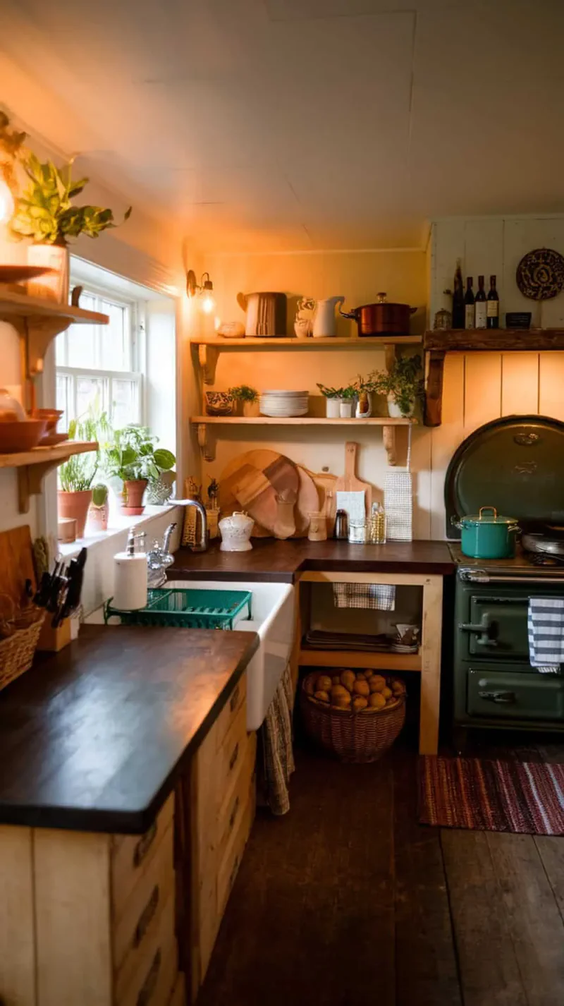 A rustic kitchen featuring dark stained butcher block counters with wooden shelves and plants.