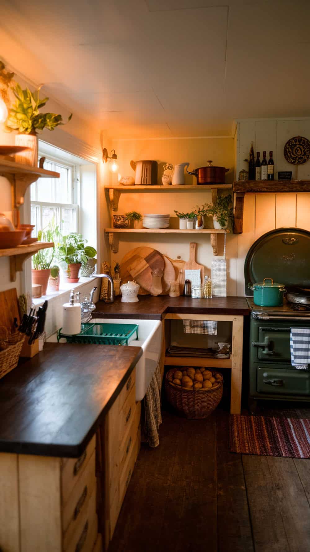 A rustic kitchen featuring dark stained butcher block counters with wooden shelves and plants.
