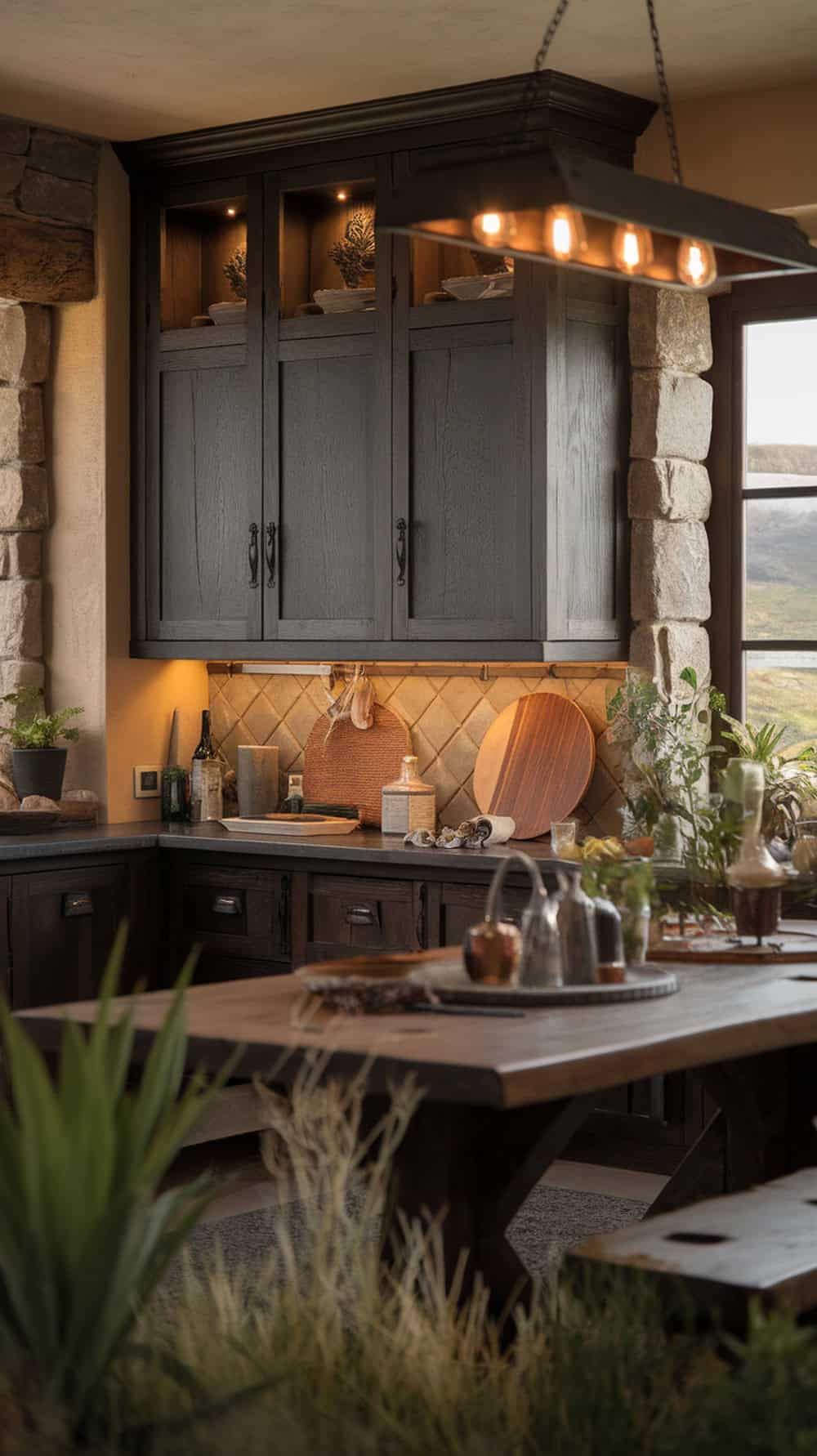 A rustic kitchen featuring dark wood cabinets with iron handles, showcasing warm lighting and decorative elements.