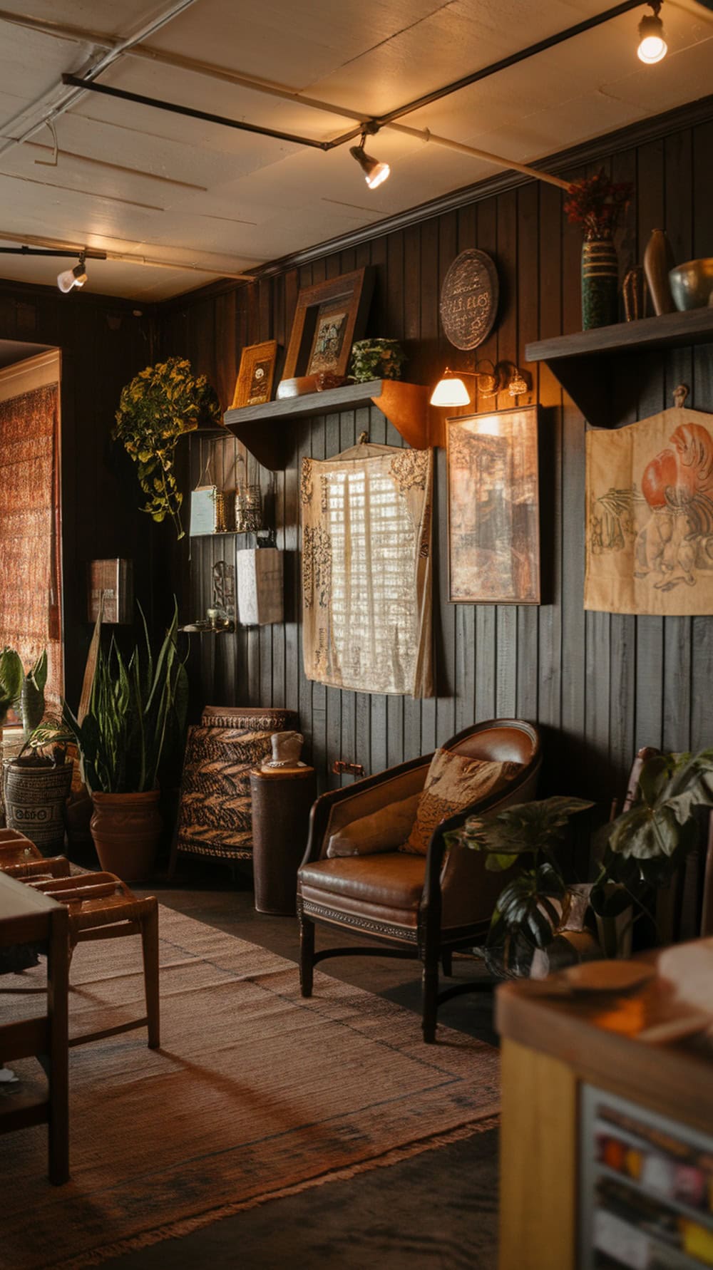 Cozy room with dark wood paneling, matte finish, and warm decor.