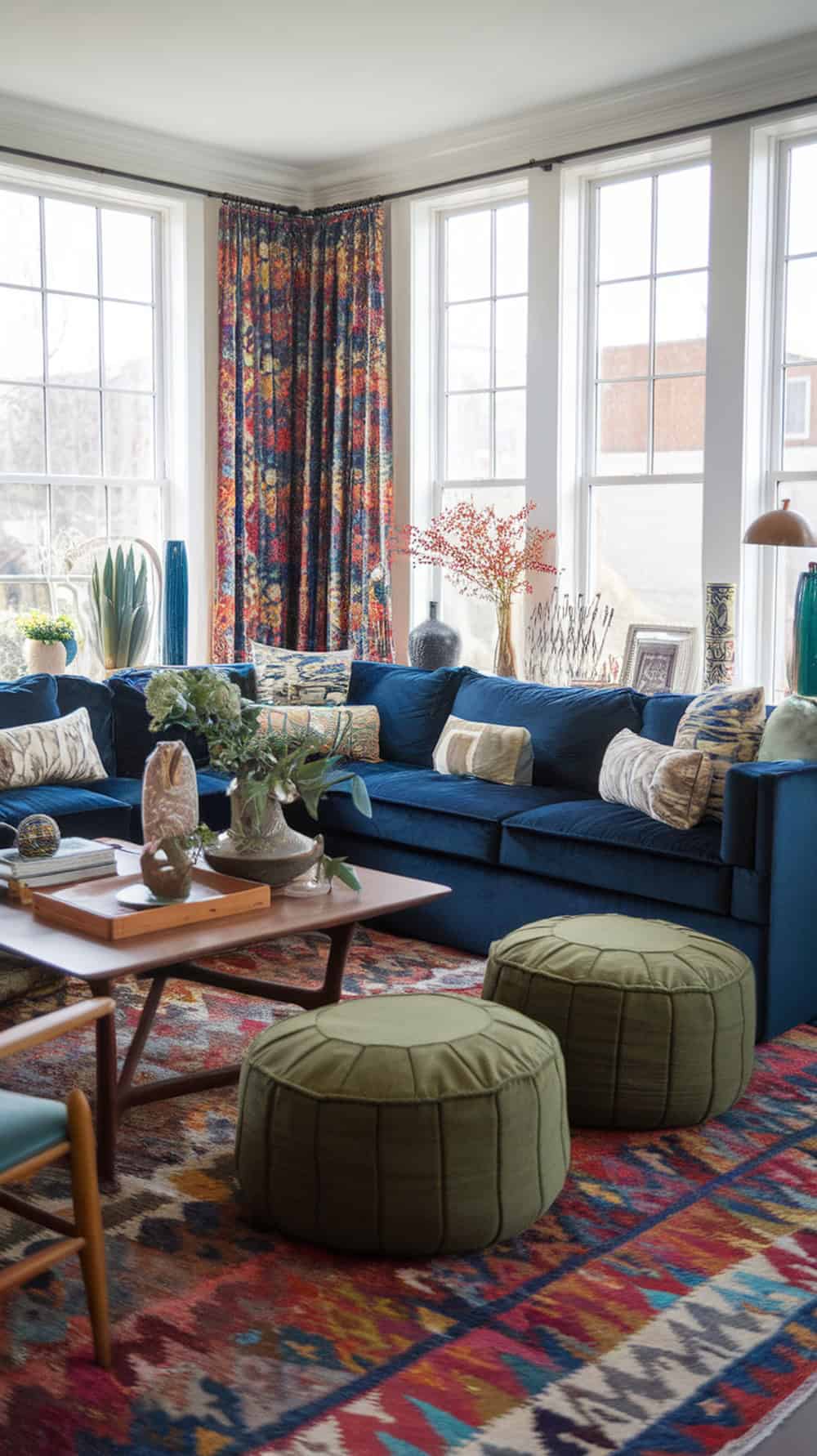A cozy living room with a deep blue sectional sofa, moss green poufs, colorful rug, and bright curtains.