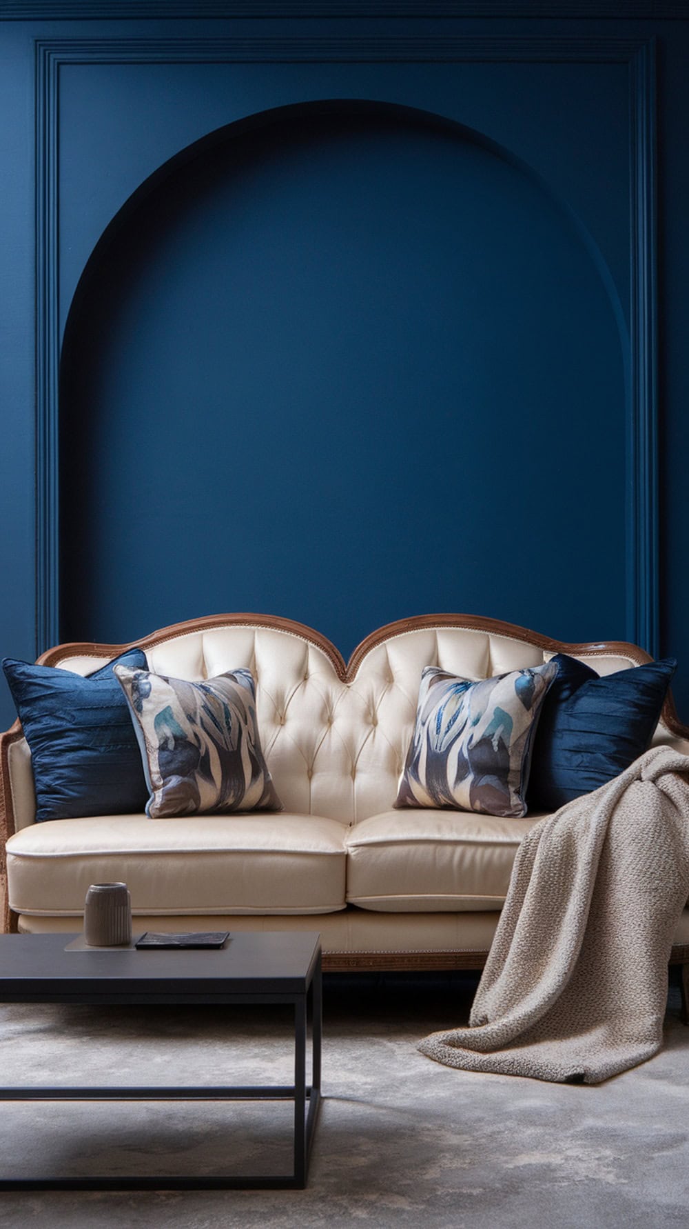 A cream sofa with decorative pillows in front of a deep blue wall, featuring a simple coffee table.