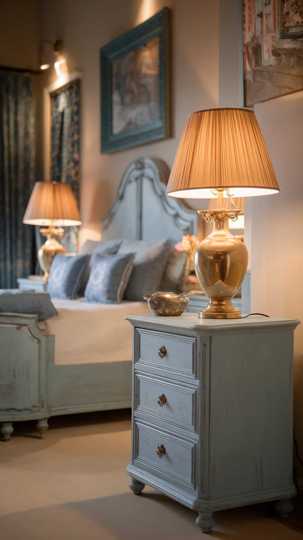 Distressed blue nightstands with gold lamps in a cozy bedroom setting.
