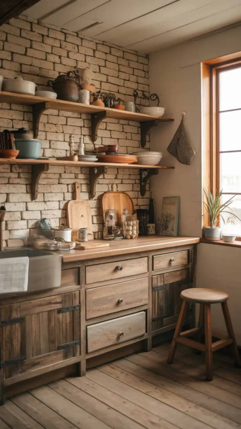 A cozy kitchen featuring a distressed brick backsplash and rustic wood cabinets, with open shelves displaying dishes and natural light coming in from a window.