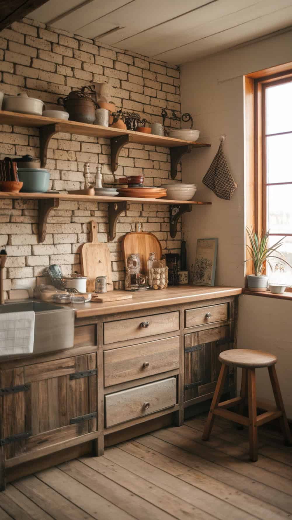 A cozy kitchen featuring a distressed brick backsplash and rustic wood cabinets, with open shelves displaying dishes and natural light coming in from a window.
