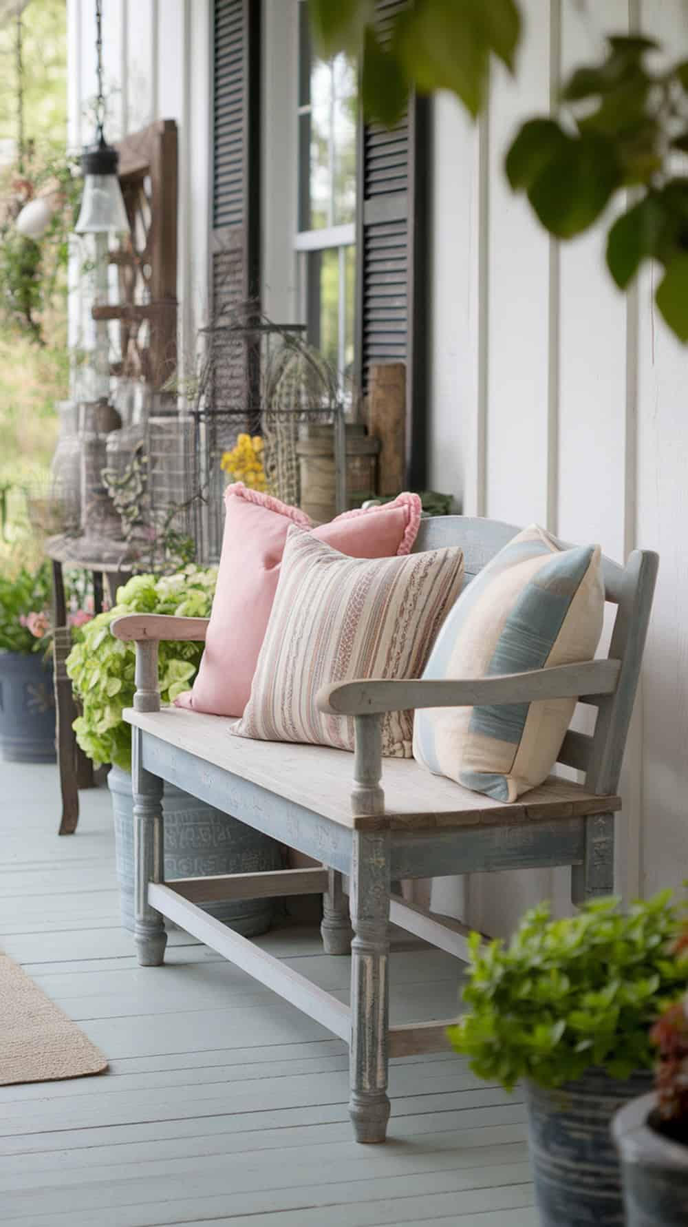 A distressed wooden bench adorned with soft pillows in pink and blue, placed on a farmhouse porch surrounded by green plants.