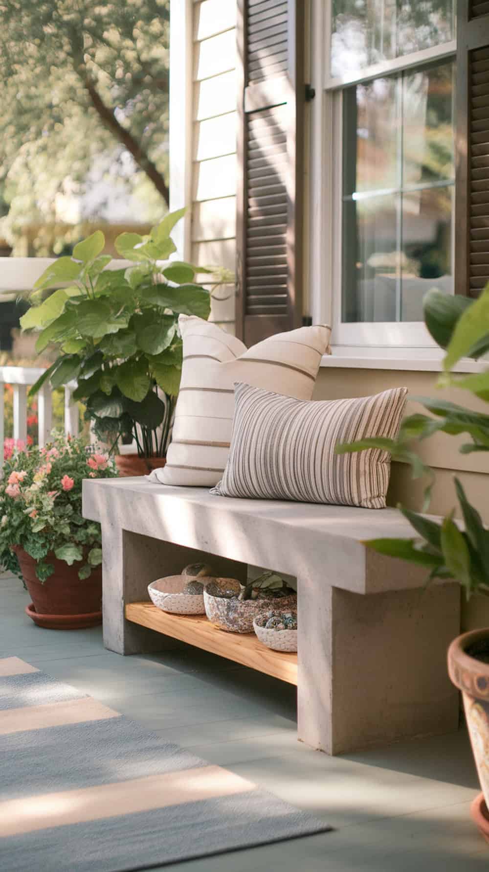 A stylish concrete and wood bench on a porch with pillows and plants.