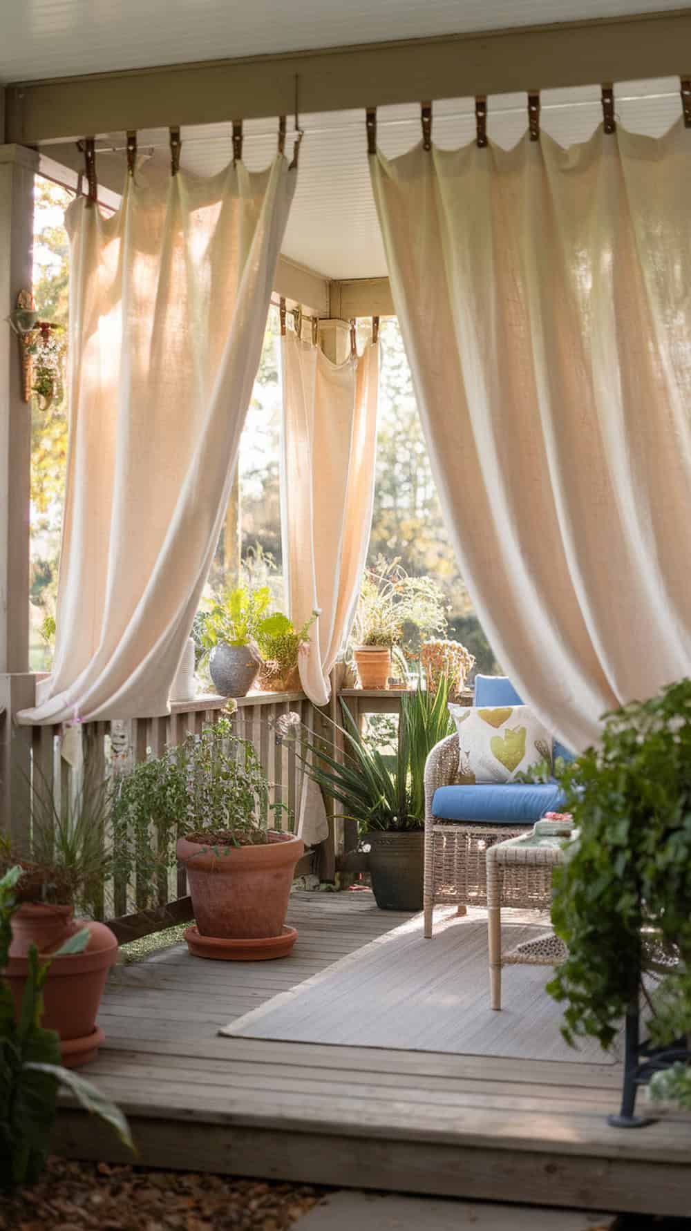 A cozy porch with DIY drop cloth curtains hanging from clips, surrounded by plants and a comfortable chair.