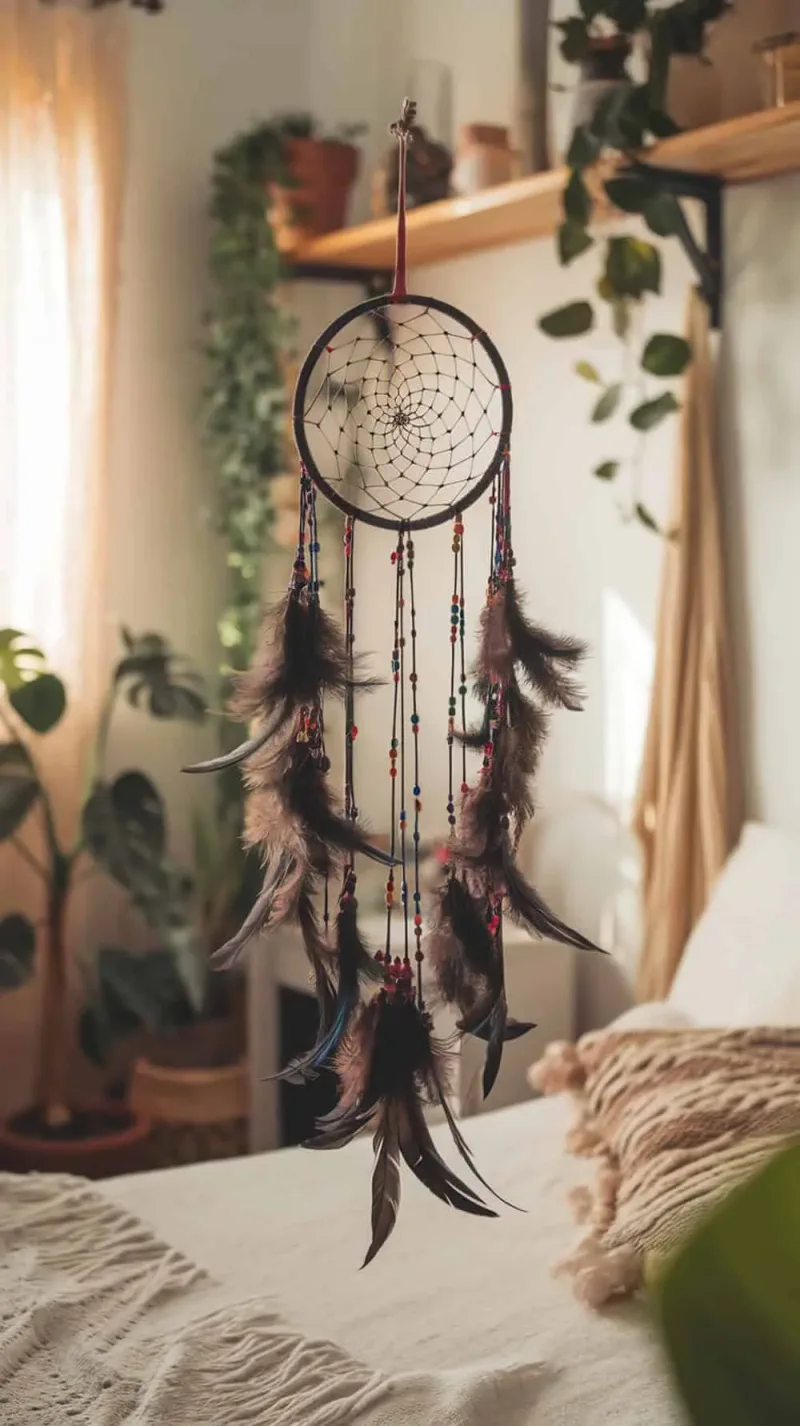 A dreamcatcher with dark feathers and colorful beads hanging in a cozy bedroom.