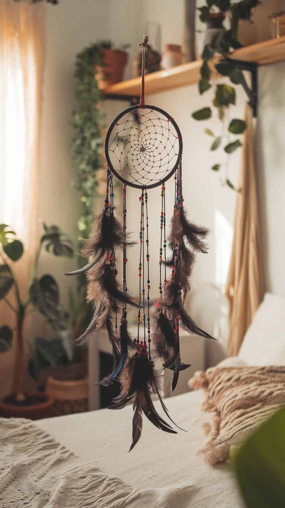 A dreamcatcher with dark feathers and colorful beads hanging in a cozy bedroom.