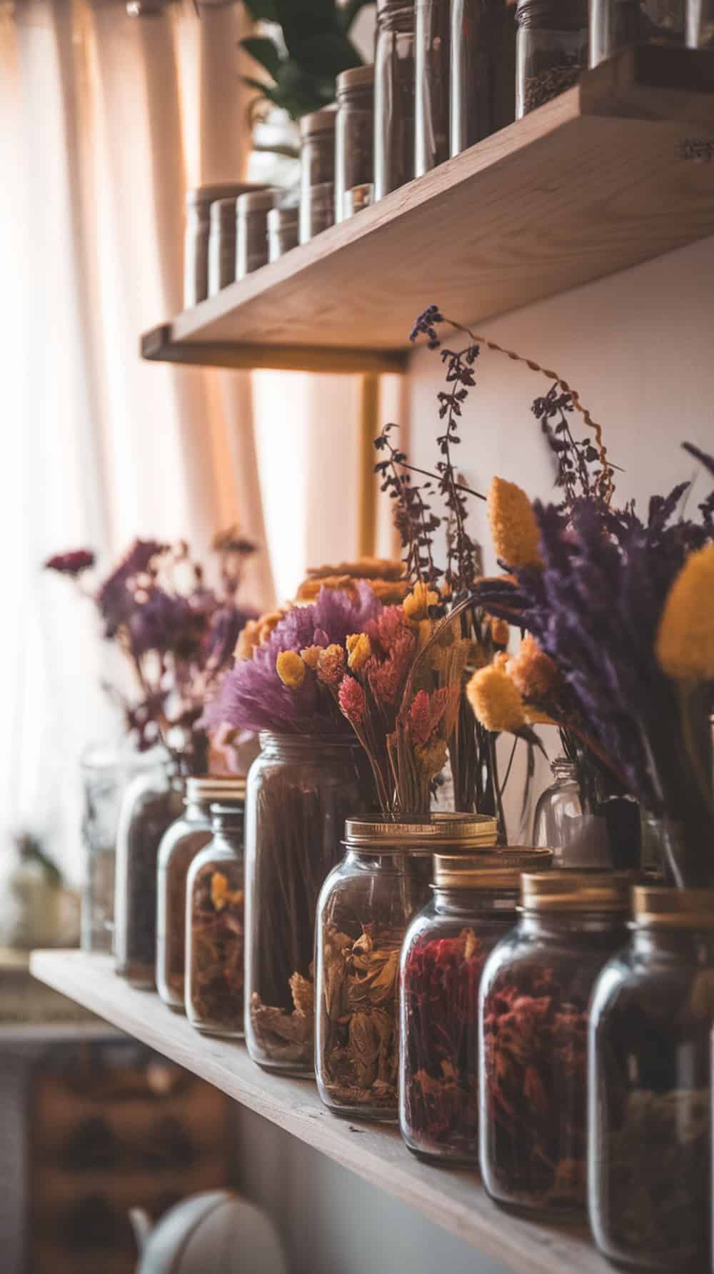 A collection of dried flowers and herbs in glass jars on a wooden shelf.