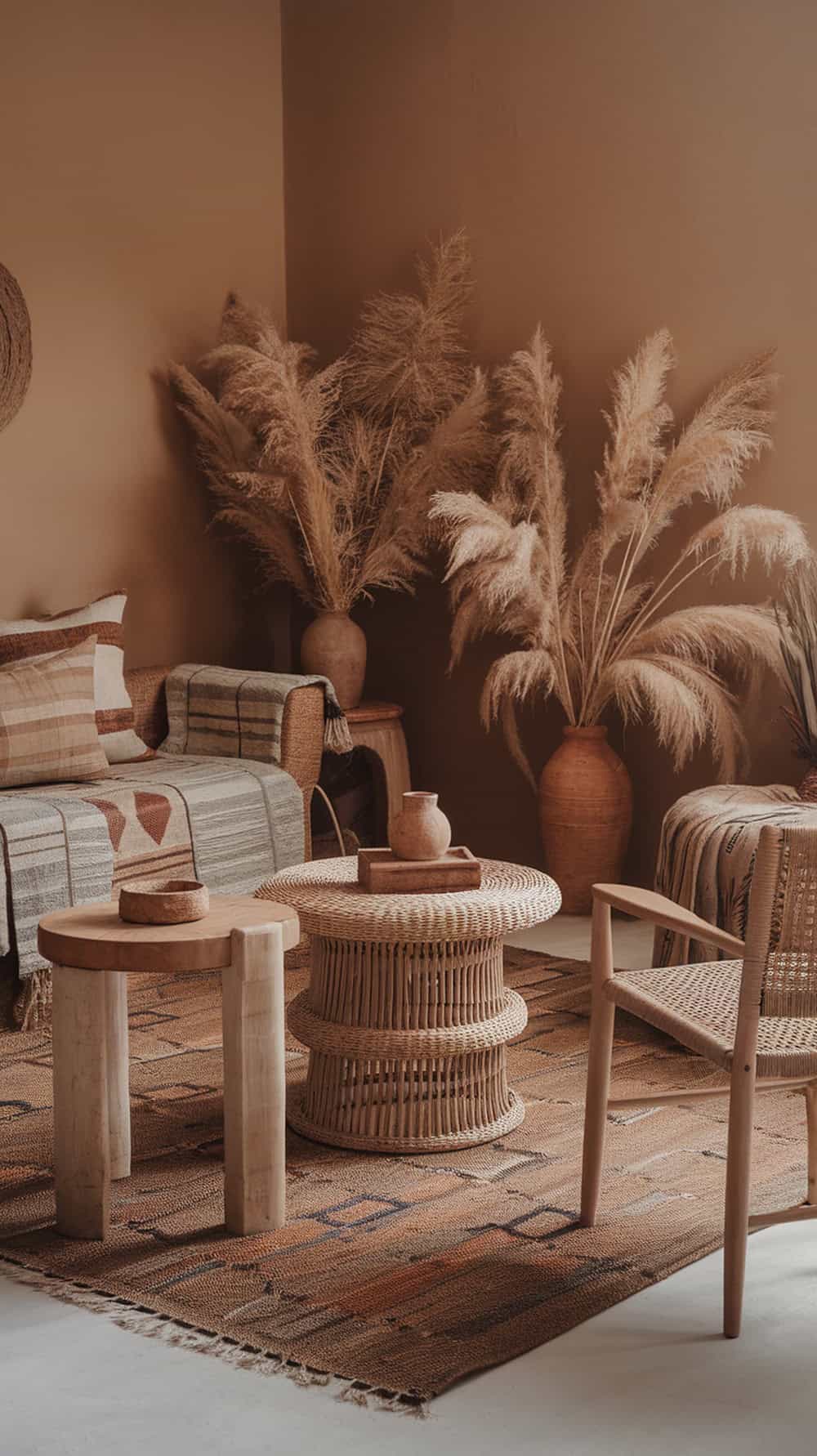 A cozy living room featuring dried pampas grass in clay vases, with warm earthy tones.