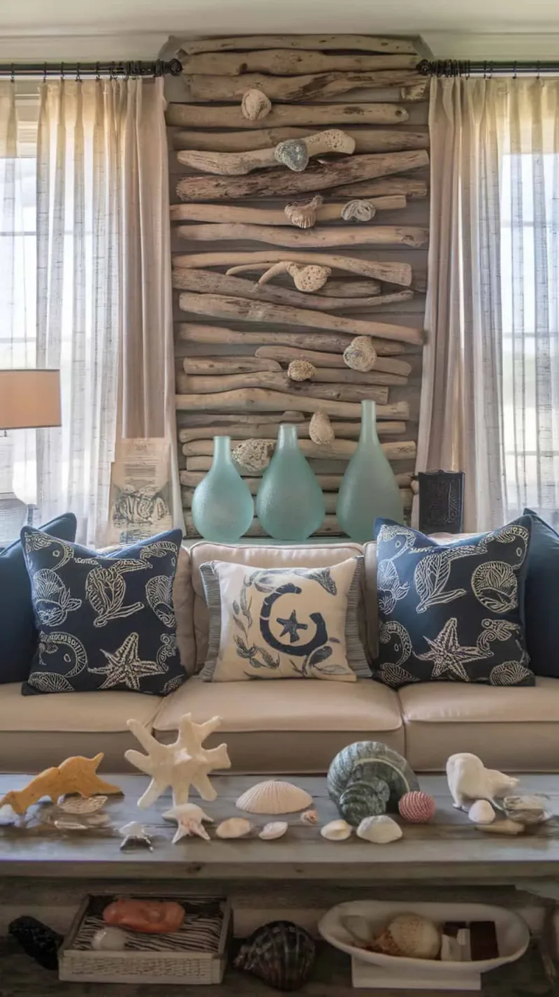 A cozy living room featuring driftwood accents and sea glass vases, with ocean-themed pillows and seashells on the coffee table.