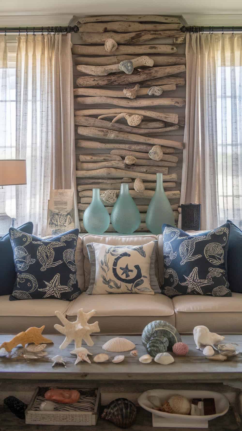 A cozy living room featuring driftwood accents and sea glass vases, with ocean-themed pillows and seashells on the coffee table.