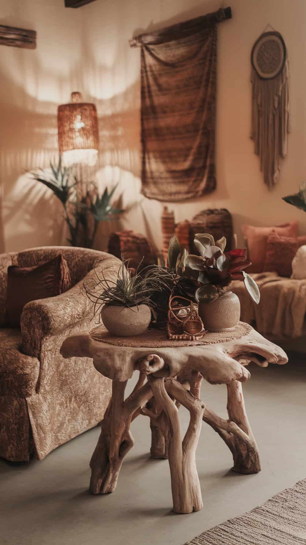 A cozy living room with a driftwood side table, decorated with plants and warm colors.