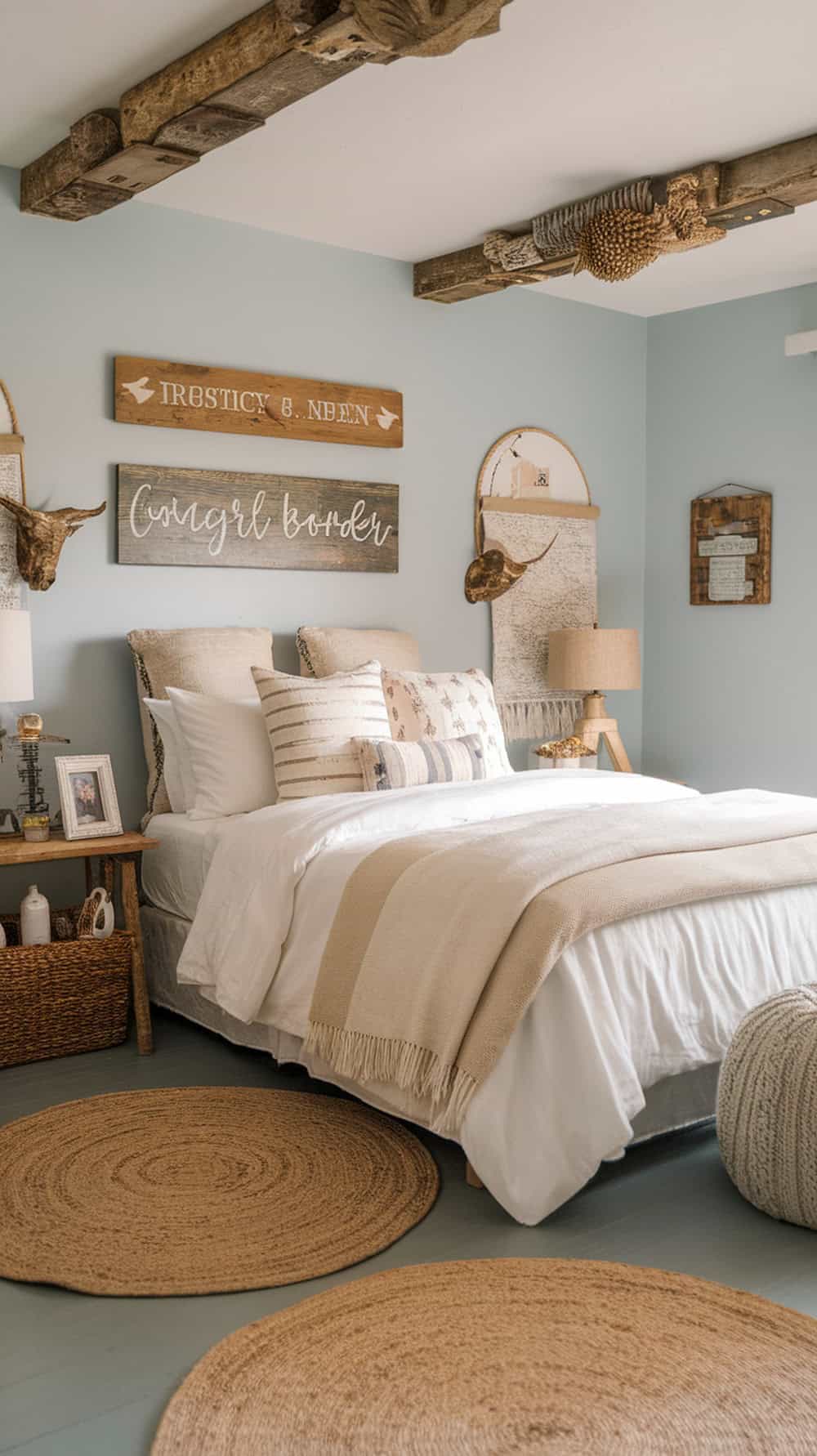 A cozy bedroom featuring driftwood decor and rustic signs, with a warm color palette and inviting textures.