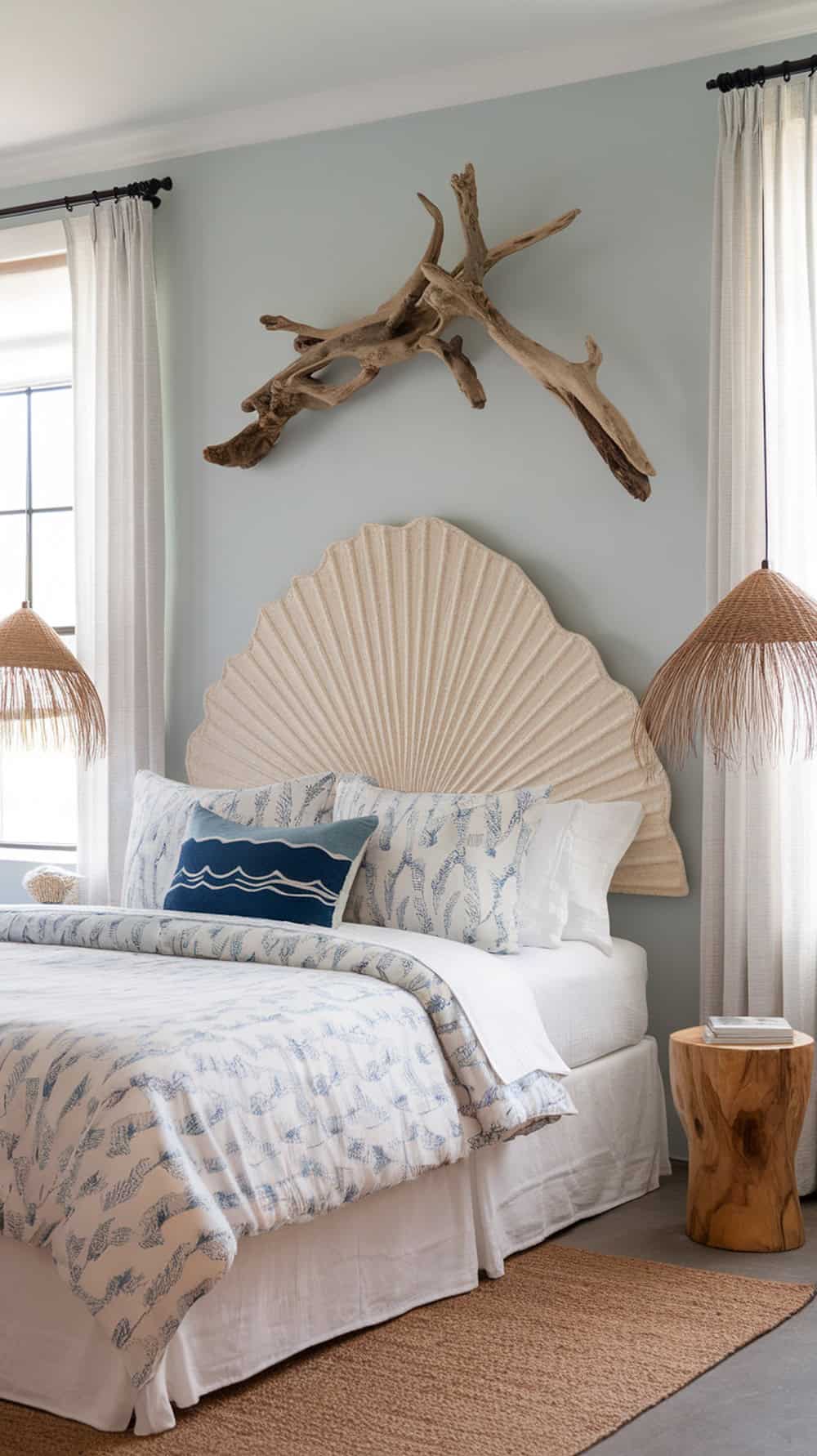 A cozy bedroom featuring driftwood wall art above a textured headboard, with soft bedding and natural decor.