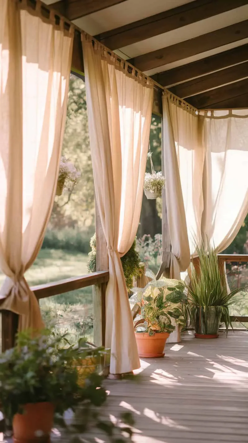 A porch with drop cloth curtains and potted plants, creating a rustic vibe.