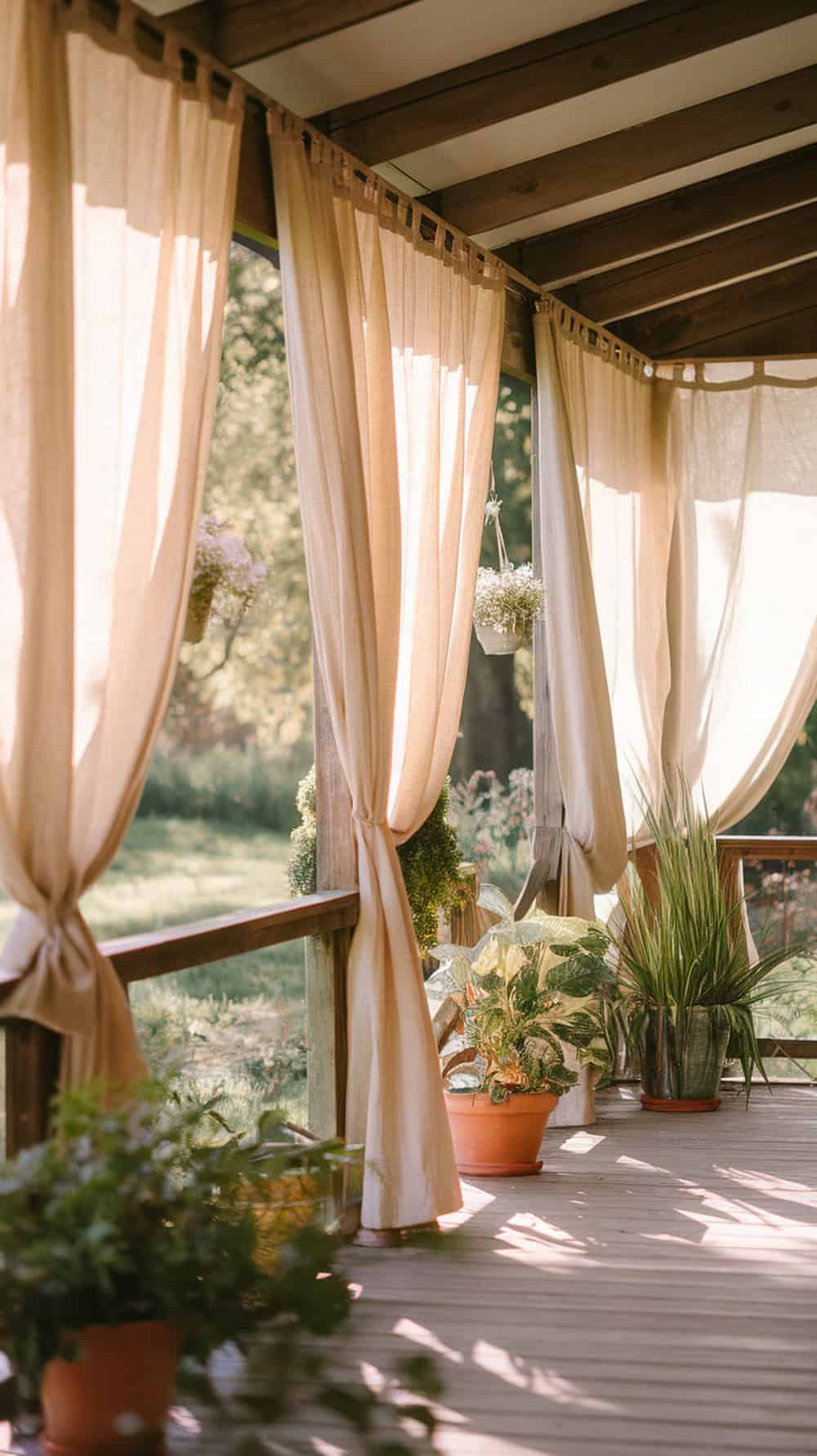 A porch with drop cloth curtains and potted plants, creating a rustic vibe.