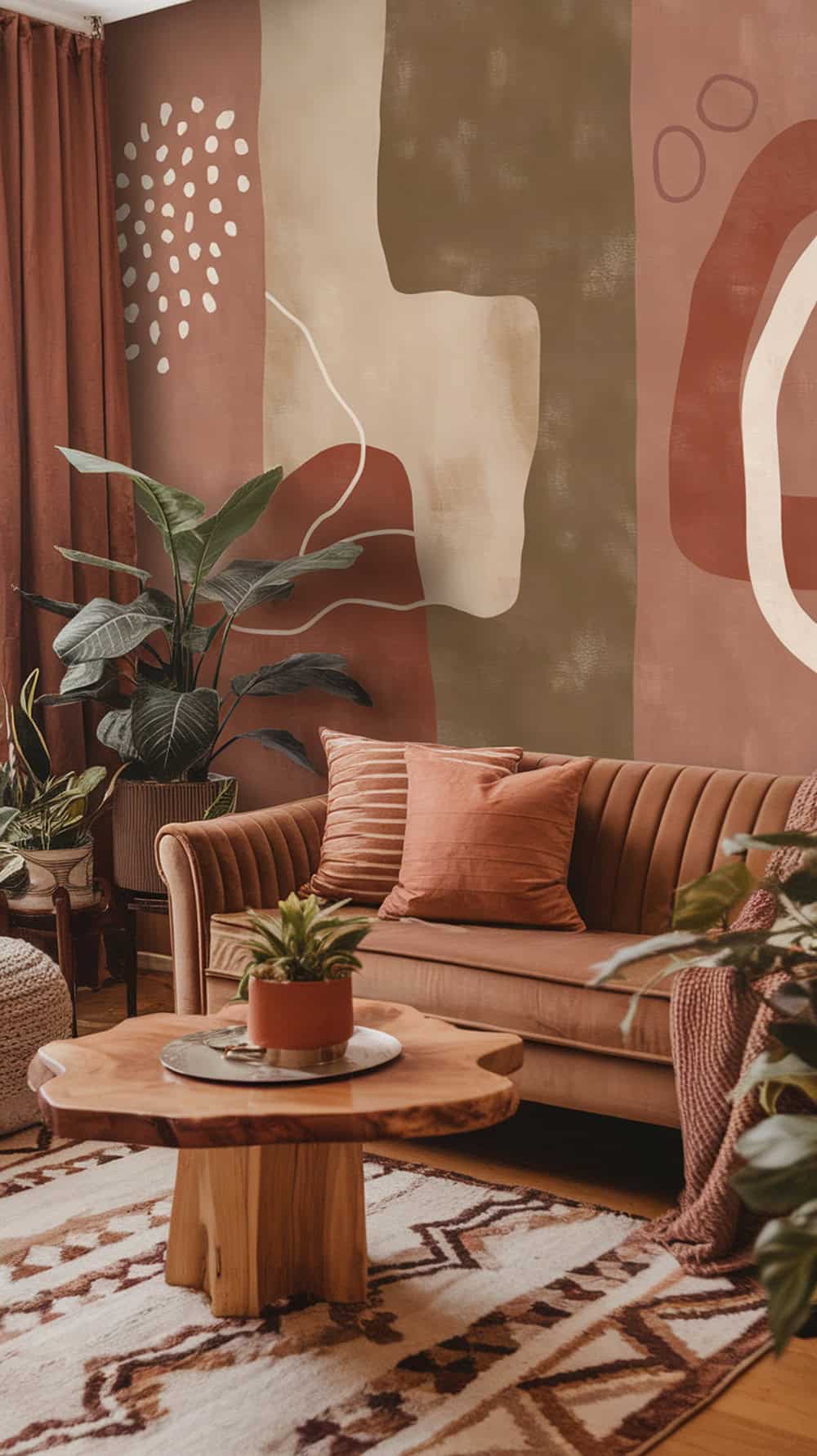 A cozy living room featuring earth-toned abstract wall prints, a brown sofa, and a wooden coffee table.