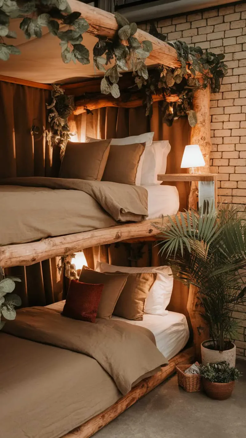 Cozy bunk bed with earth-toned linens and nature-inspired decor