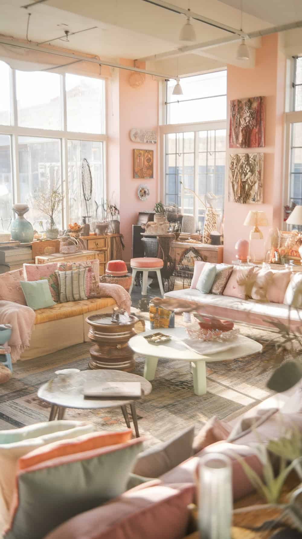 A cozy living room with soft colors, eclectic decor, and plenty of natural light.