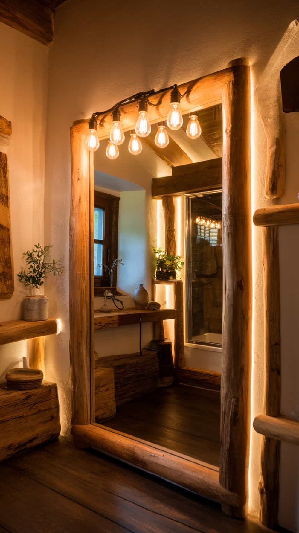 A rustic bathroom with Edison bulb lights over a mirror, featuring a wooden frame and warm lighting.