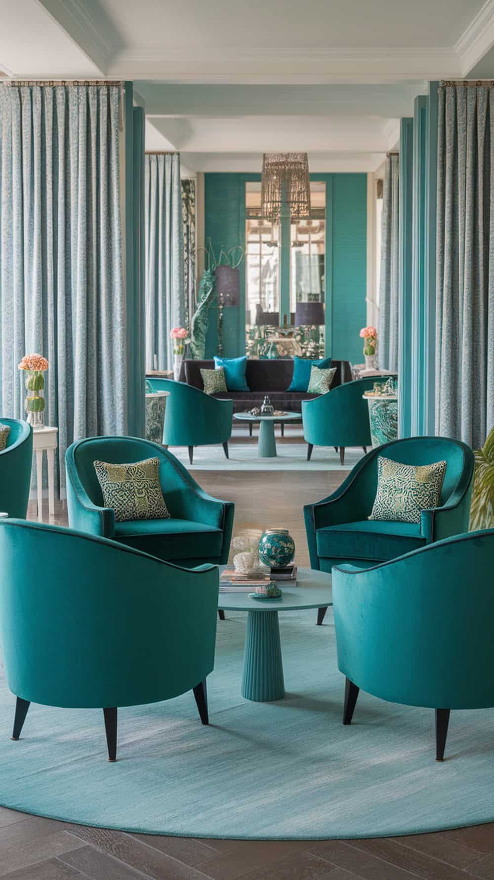 A living room featuring emerald green chairs on a light blue rug, creating a vibrant and inviting atmosphere.