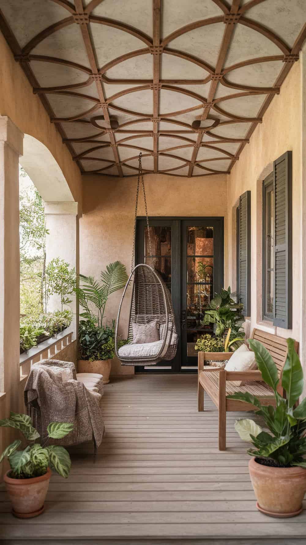 A porch with exposed beams and a hanging chair, surrounded by plants.