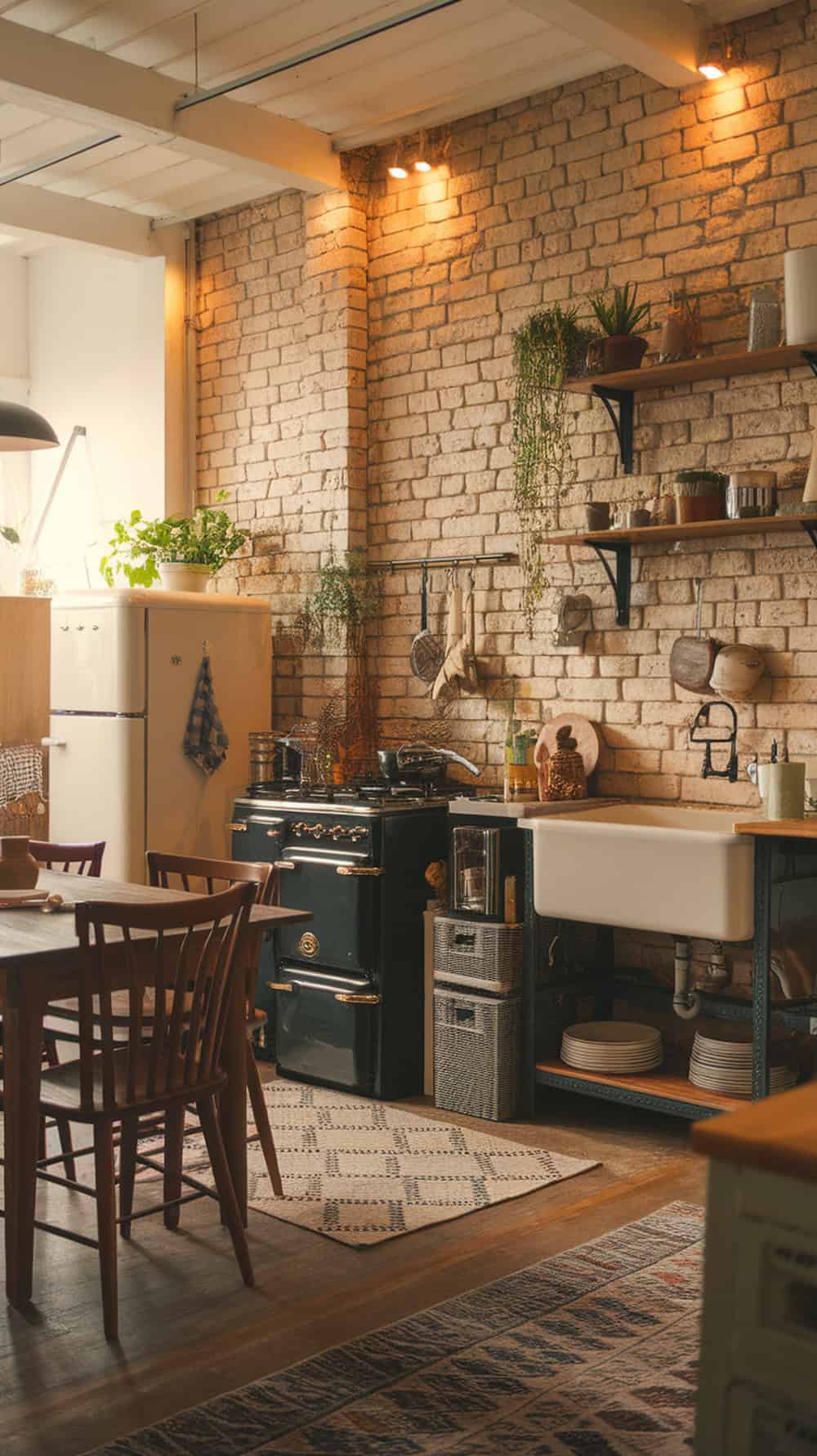 A cozy farmhouse kitchen with an exposed brick wall and floating shelves, featuring a black stove, white sink, and wooden furniture.