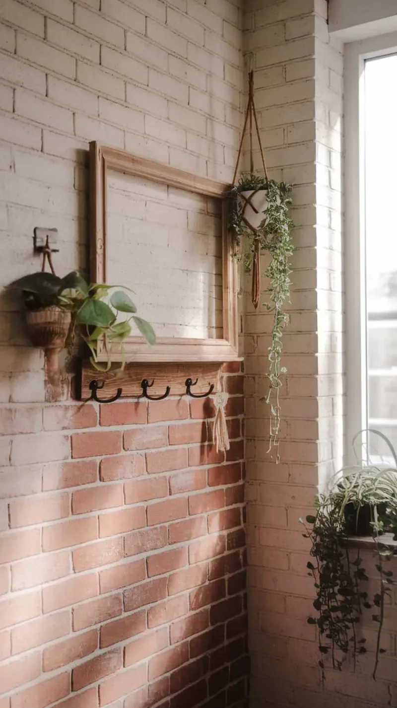 A cozy room featuring an exposed brick wall with whitewash, decorated with plants and a wooden frame.