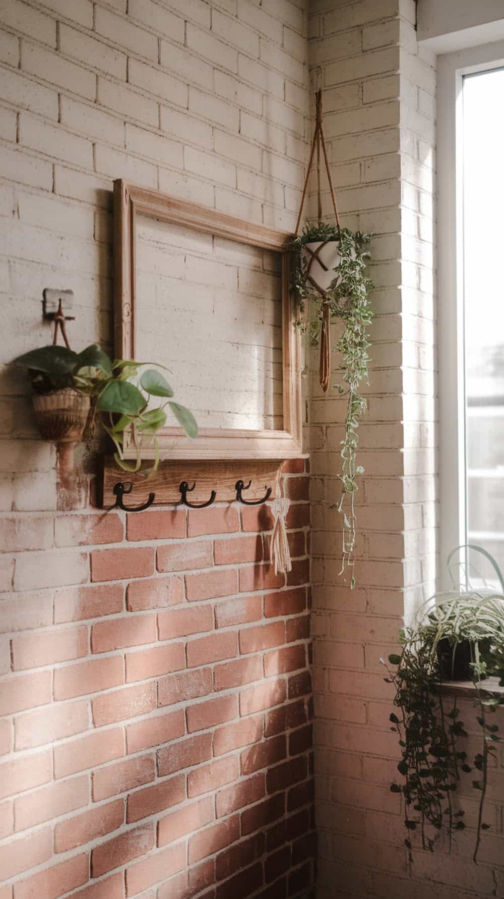 A cozy room featuring an exposed brick wall with whitewash, decorated with plants and a wooden frame.